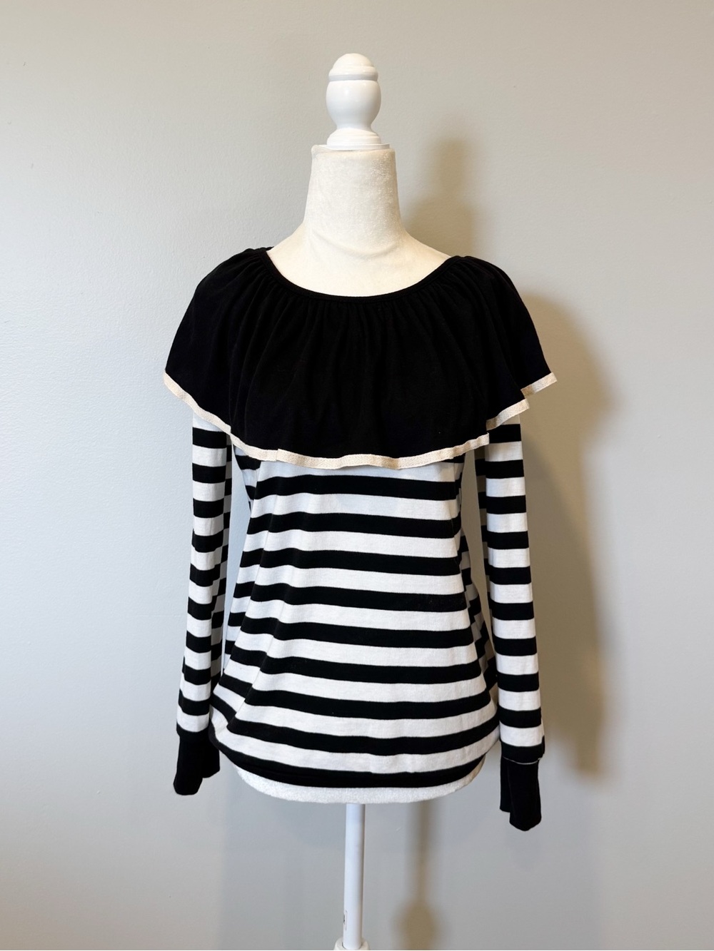 Black & White Striped Long Sleeve Top with Ruffle Yoke